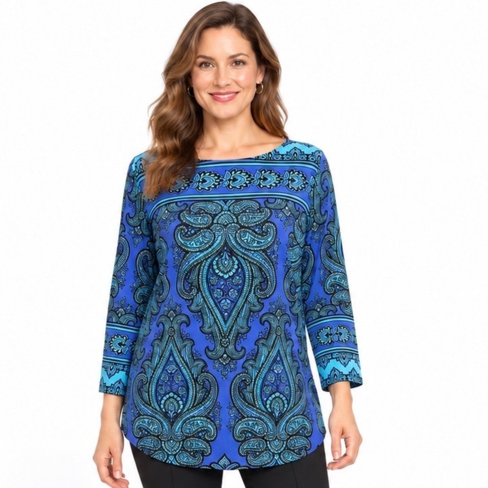 Bob Mackie Tunic Top Size M Blue Paisley Wearable Art 3/4 Sleeve Boat Neck